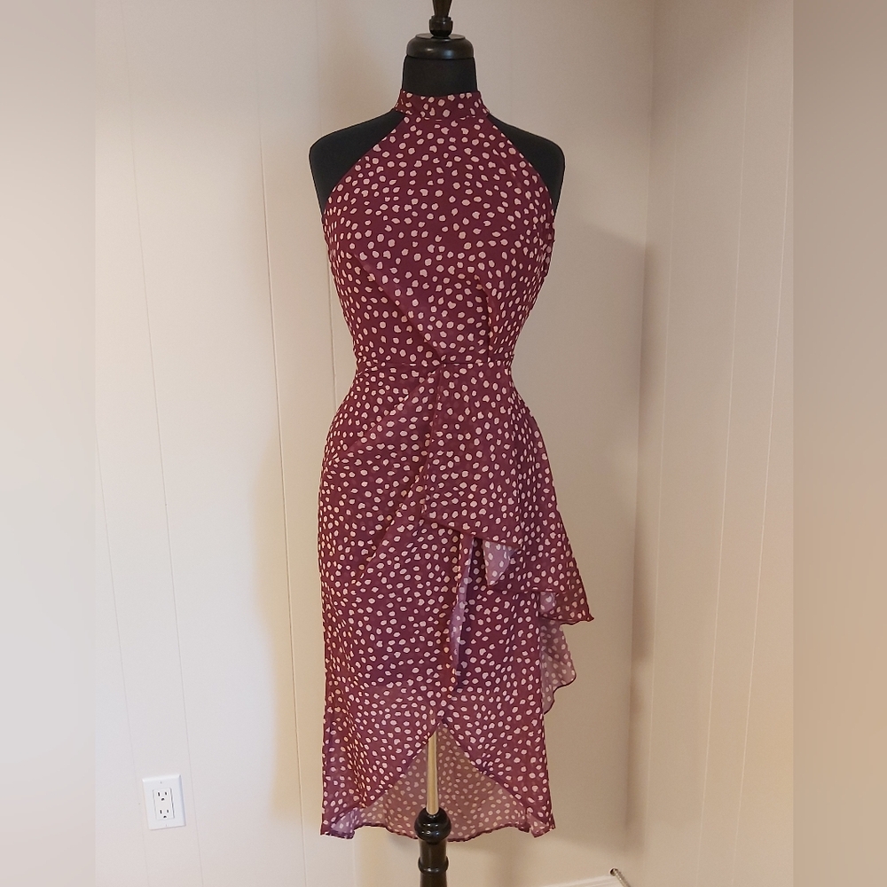 Lipsy London US4 burgandy and cream Polka Dot Midi Dress